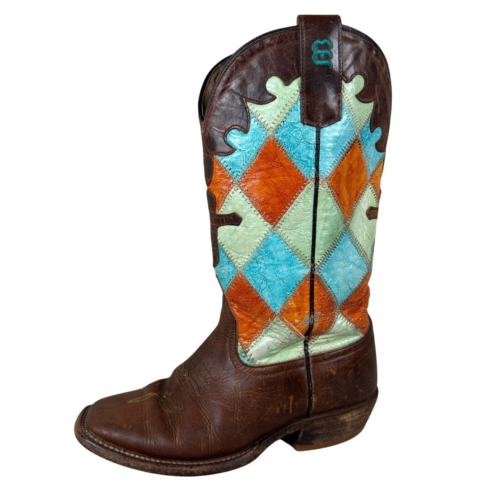 Anderson Bean Brown Leather Patchwork Cross Inlay Square Toe Cowboy Boots
